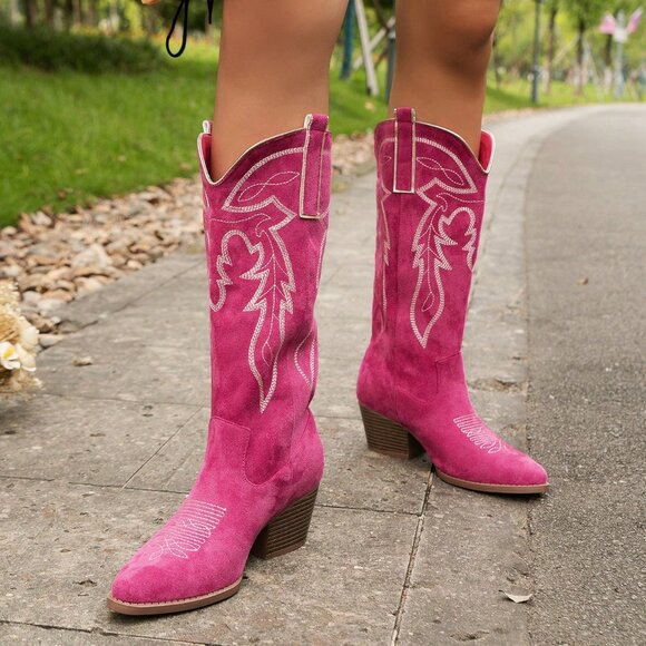 Hot Pink Western Women's Wedge Heel Embroidered Metallic Sequin High Boots - Picture 3 of 6